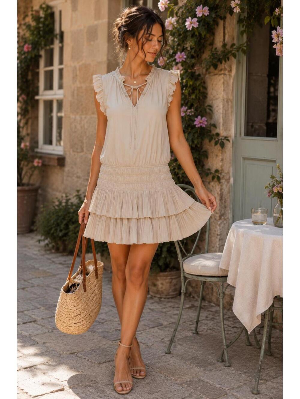 Katwalk Ruffle Pleated Mini Dress Romantic Fairycore Balletcore Beige Size M